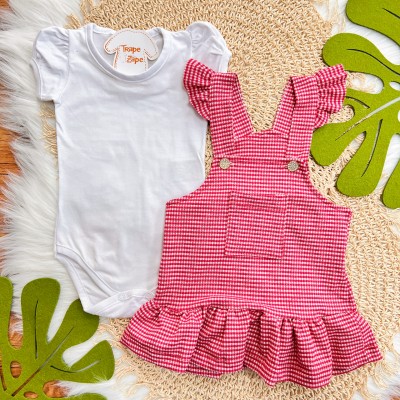 Conj. Body em Linho e Salopete Xadrez - Vermelho